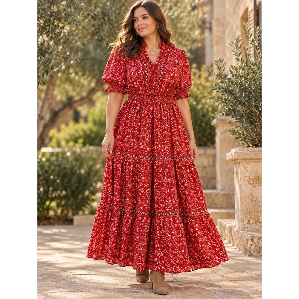 Max Studio Red Floral Maxi Dress M Smocked Waist Puff Boho Cottagecore FF12